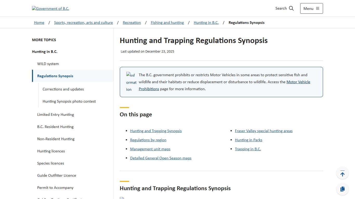 Hunting and Trapping Regulations Synopsis - Province of British Columbia